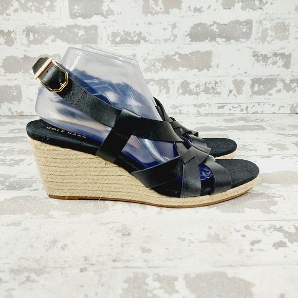 NEW Cole Haan Crystal Black Buckle Sling Back Summer Wedge Sandals M890 - Picture 5 of 12